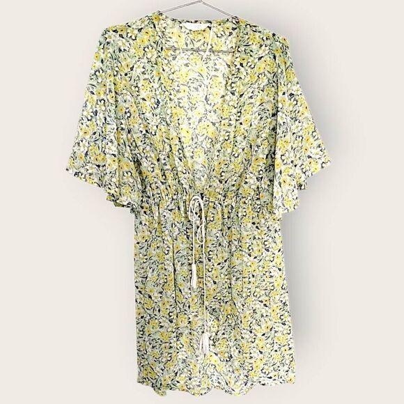 Lauren Conrad Womens Coverup Butter Yellow Green Floral Sheer Waist Tie Beachy - Picture 9 of 12